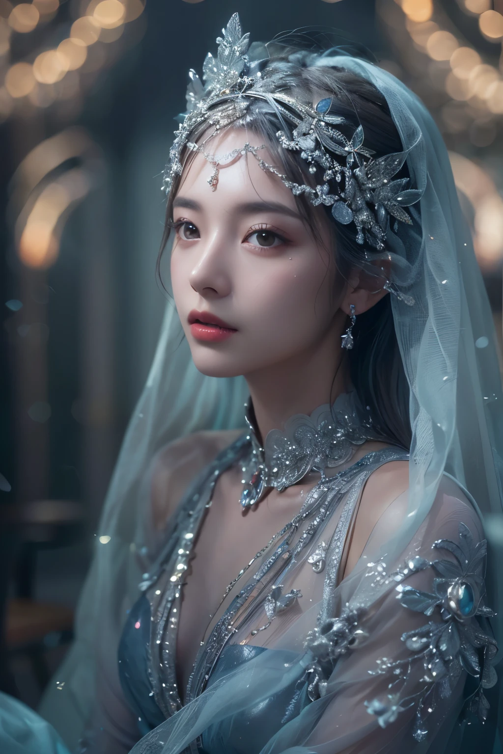 (Highest quality color photo of mysterious beautiful woman),(Very detailed and beautiful work:1.2), sit in the light of God, with neon lights, grand background, starry background, art nouveau, silver dress, luxury fashion,(She is the embodiment of beauty and charm, Her clothes are soft and light as air.,) detailed face, looking at viewer, detailed eyes, black eye, shiny lips, soft and mysterious expression, high saturation, surrealism , (best quality, table top, very detailed, Super high resolution, realistic, RAW photos, absurd, absolute resolution:1.4),