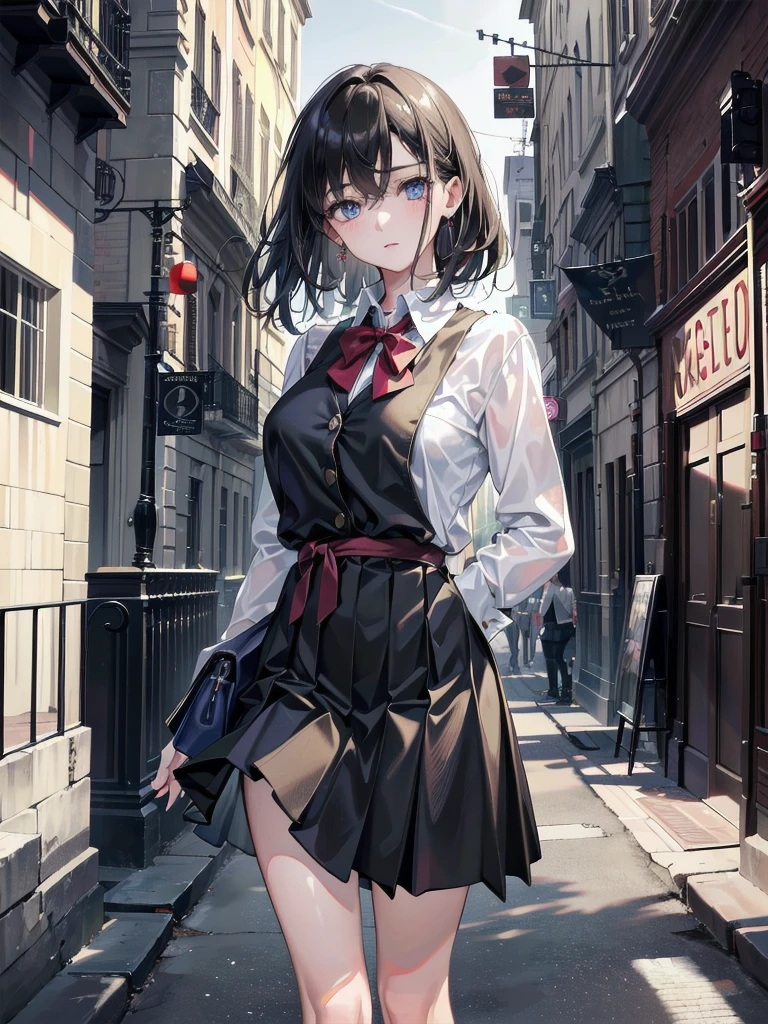 (absurdres, RAW photo, extremely delicate and beautiful, masterpiece, Best Quality, ultra high resolution, 32k, hyperrealistic, ultra-detailed:1.4), perfect anatomy, anatomically correct, perfect figure, Perfect Style, Perfect balance, super Detailed skin, in her 30s, very Slim body, narrow waist, very small head, very small face, delicate facial features, handsome detailed woman, very detailed eyes and face, realistic face proportions, Realistic beautiful face, Realistic beautiful eyes, tearful mole, earring, big tits, whole body shot, medium hair, outdoor, (school_uniform:1.2), skirt, dress shirt,