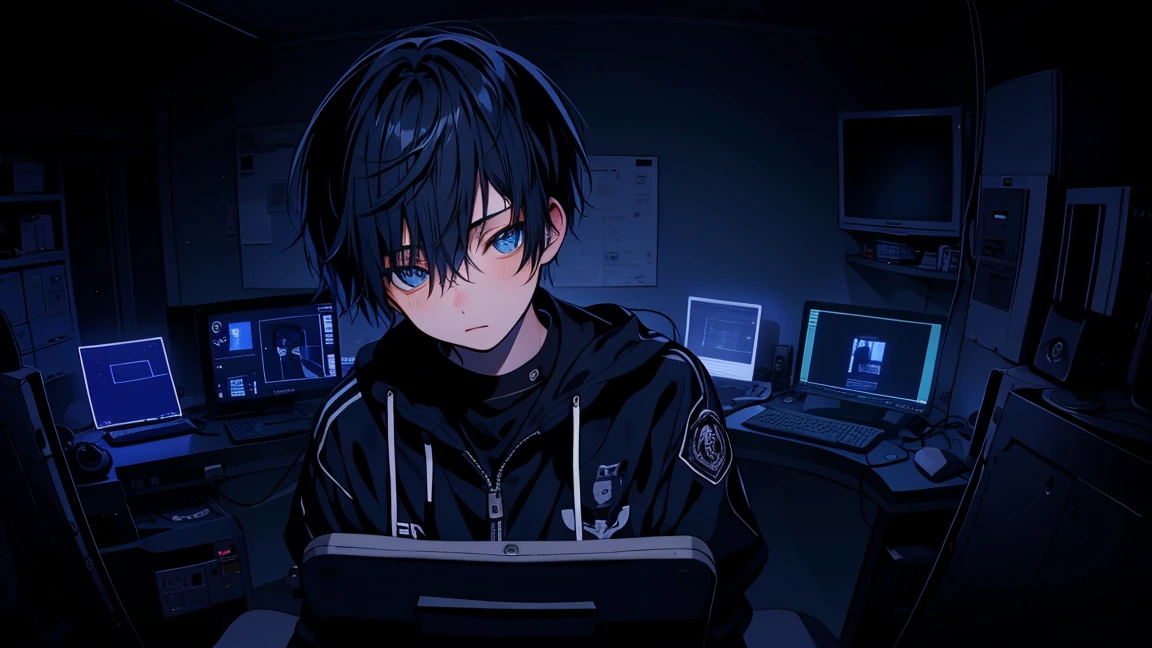 teenage boy doing personal broadcasting, thinking thoughtfully in a dark room, Navy, Blue-haired, blue eyes