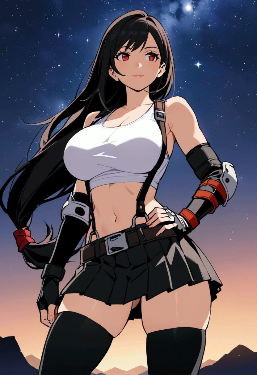 (score_9,score_8_up,score_7_up), masterpiece, best quality, (recent), perfect anatomy, very aesthetic,zentangle,anime style, mediumshot,Solo,1girl, tifa lockhart, final fantasy,black hair, low-tied long hair, red eyes, bangs, (white tank top,gap),(High exposure,the ribs),lips,,,,(belt, pleated skirt, thighhighs, elbow fingerless gloves, elbow pads, midriff, navel,suspenders.skirt),beautiful waist ,(large_breast:1.3),light smile,,,outdoor,star sky,night, hands on own hip,skin tight, looking away, depth of field
