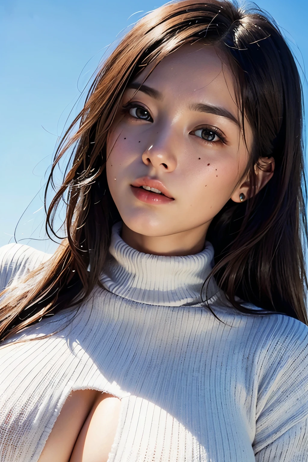 (Highest quality, 8k, 32K, masterpiece, Ultra-high resolution:1.2), 

((Face close-up:1.4))、Portraiture、
Cute Japanese Girl, (Huge breasts:1.4), Long black hair, bangs, Bulging lips、

(White turtleneck sweater), Tight waist, (Outdoor, garden, blue sky),