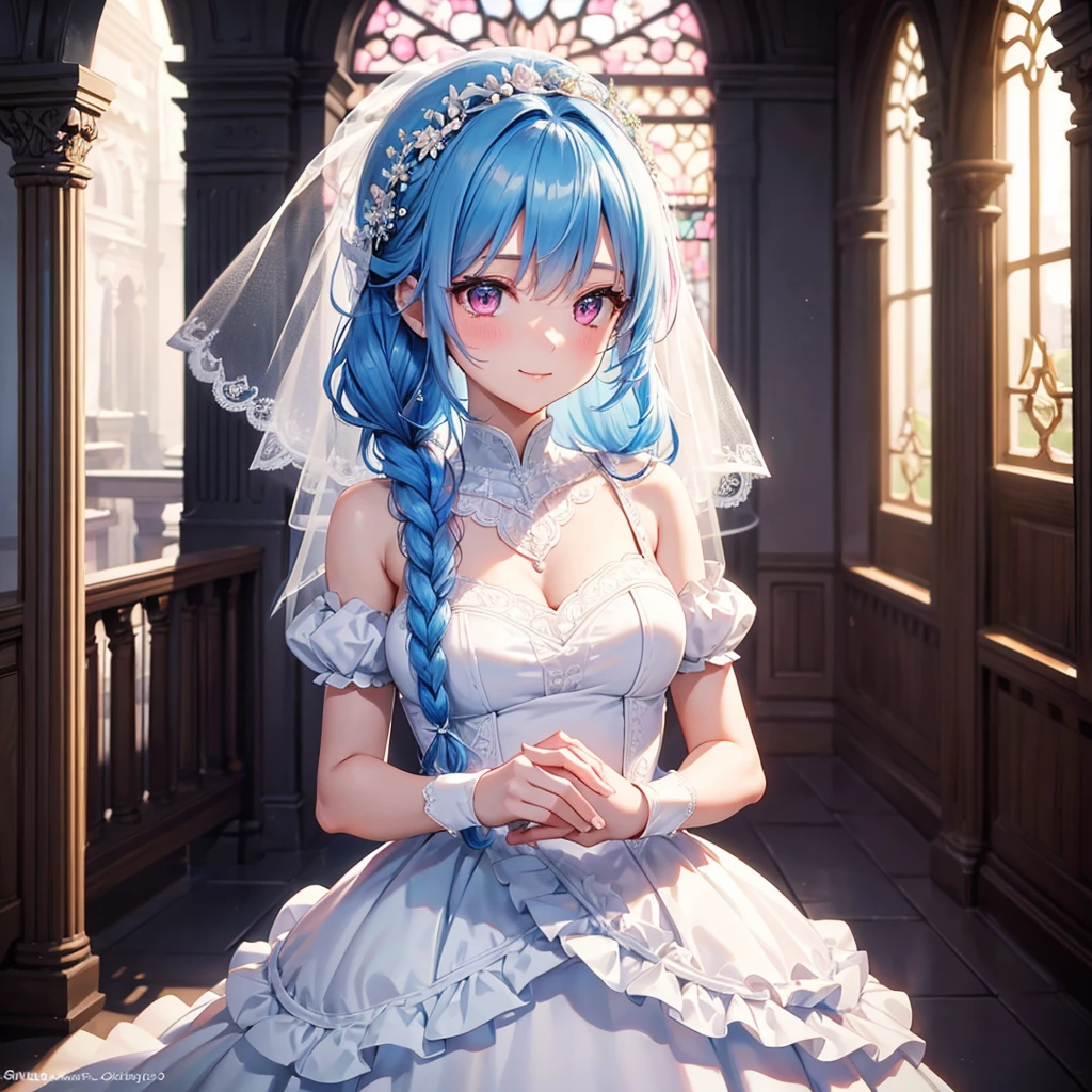 Sky Blue Medium Hair, (Braided Hair),(Pink Eyes),Fair skin ,(whole body),(1 girl),bride,smile、Straight bangs, 6月のbride,Wedding dress,(masterpiece, Highest quality, Very detailed, Best Shadow), (Detailed Background), (Beautifully detailed face), High Contrast, (Best lighting, Very delicate and beautiful), ((Cinematic Light)), colorful, Hyper Detail, Dramatic Light, Intricate details,Wedding hall,