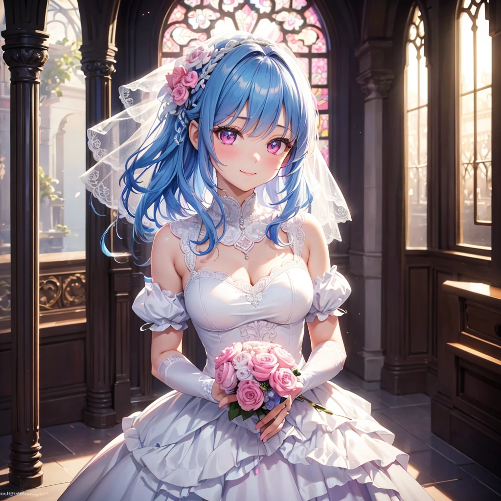 Sky Blue Medium Hair, (Braided Hair),(Pink Eyes),Fair skin ,(whole body),(1 girl),bride,smile、Straight bangs, 6月のbride,Wedding dress,(masterpiece, Highest quality, Very detailed, Best Shadow), (Detailed Background), (Beautifully detailed face), High Contrast, (Best lighting, Very delicate and beautiful), ((Cinematic Light)), colorful, Hyper Detail, Dramatic Light, Intricate details,Wedding hall,