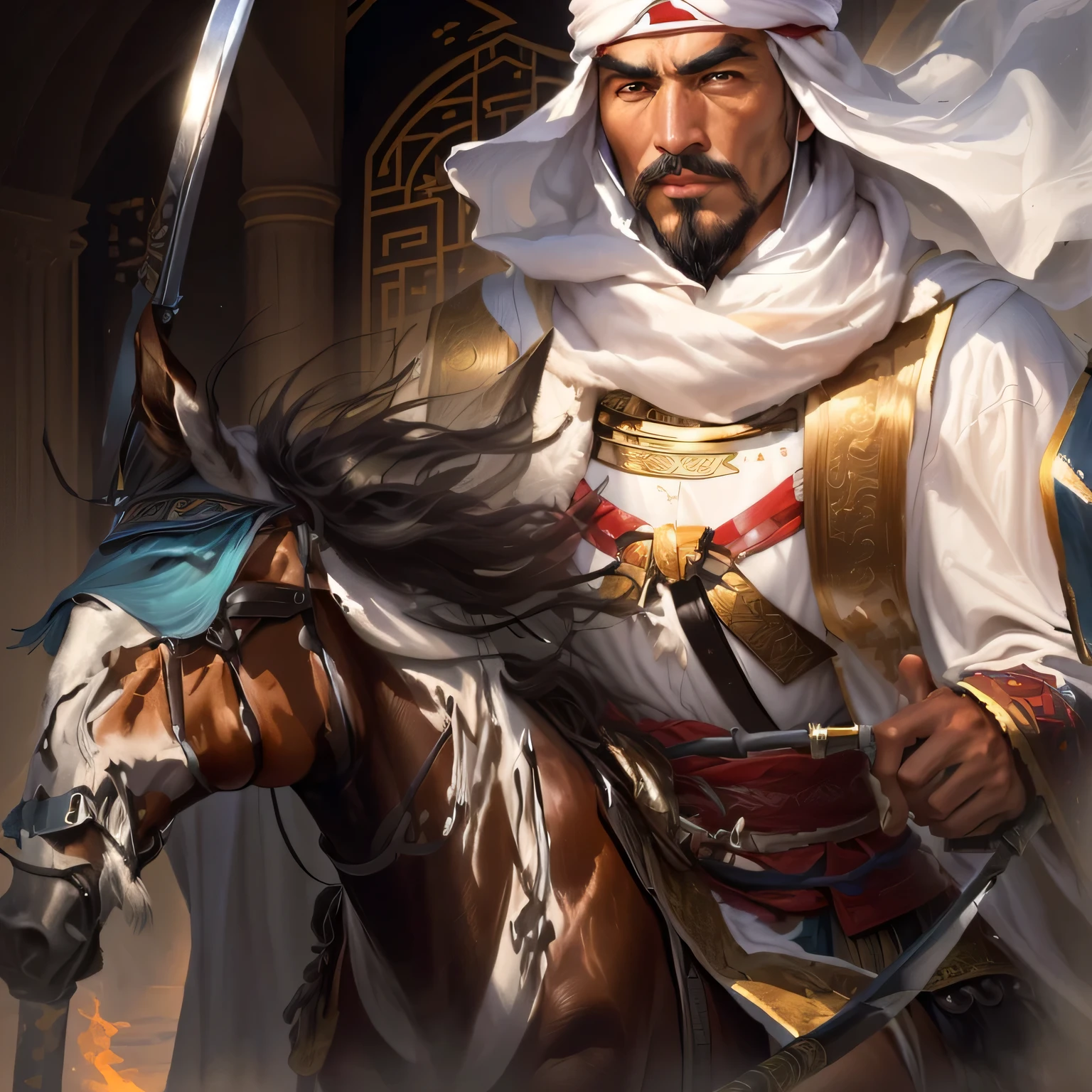Arabian man in white robes riding a horse with a sword, Genghis Khan, photo of Genghis Khan, Zhao Yun, Mongolia, Arabian Samurai, China's Three Kingdoms, Authentic shiro, From the three kingdoms, Authentic, Inspired by Ma, Tengri, Guan Yu, Inspired by Cao Zhibai