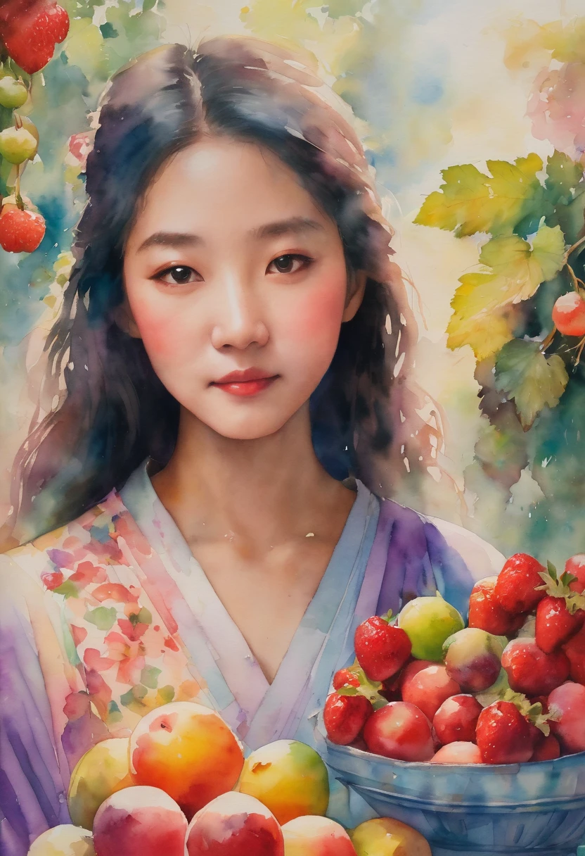 A captivating watercolor painting of a serene Japanese girl, completely naked with a gentle and enchanting smile. She is standing on ground, a colorful array of fruits such as grapes, strawberries, and melons around her. The background is a blend of soft and vibrant colors, with a sense of tranquility and innocence. The overall composition exudes a dreamlike and ethereal atmosphere, reflecting the essence of innocent beauty.
