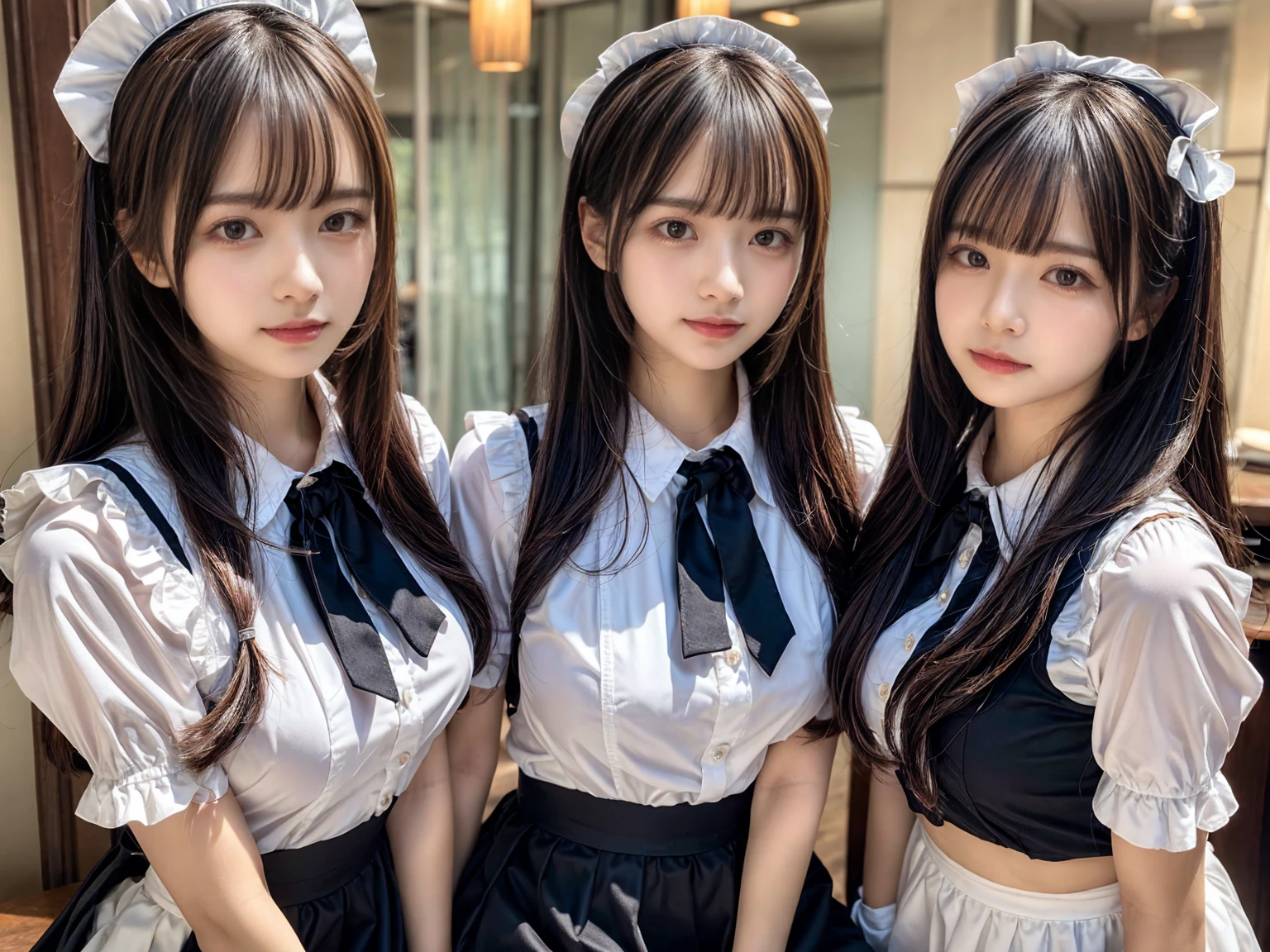 (2girls, twins:1.3), (beauty girls, delicate girls:1.3), (20 years old:1.3),
break, (cute maid uniform, ruffle blouse, pink ribbon tie, skirt:1.2),
break, (maid cafe:1.2),
break, very fine eyes, (symmetrical eyes:1.3),
break, (huge breasts:1.2), brown eyes, parted bangs, brown hair, 
break, (eyes and faces with detailed:1.0),
break, (masterpiece, best quality, ultra detailed, detailed face, 8k)