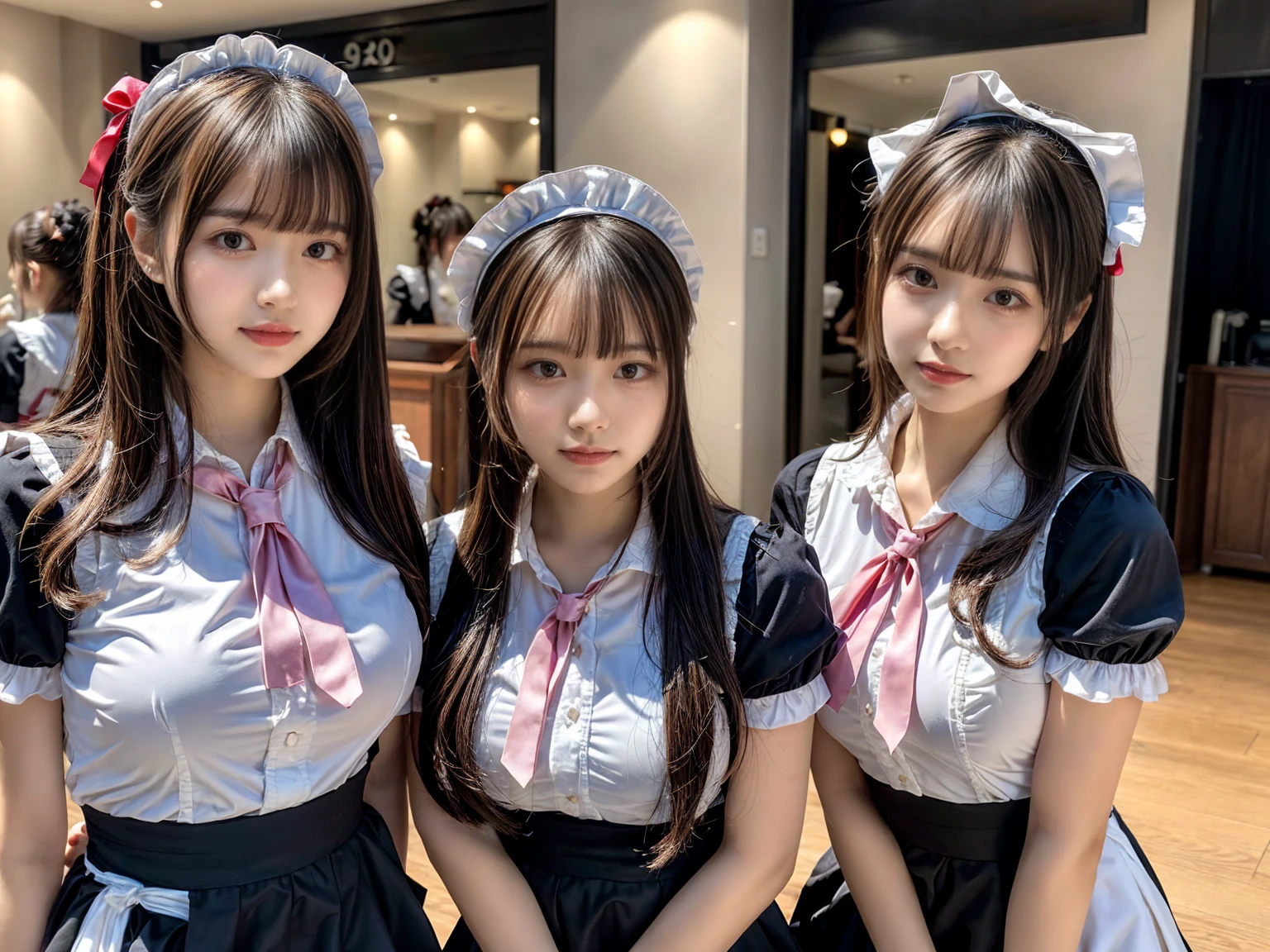 (2girls, twins:1.3), (beauty girls, delicate girls:1.3), (20 years old:1.3),
break, (cute maid uniform, ruffle blouse, pink ribbon tie, skirt:1.2),
break, (maid cafe:1.2),
break, very fine eyes, (symmetrical eyes:1.3),
break, (huge breasts:1.2), brown eyes, parted bangs, brown hair,
break, (eyes and faces with detailed:1.0),
break, (masterpiece, best quality, ultra detailed, detailed face, 8k)