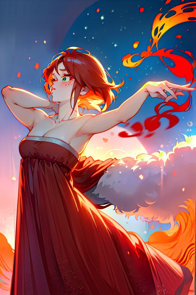 A woman with red hair and green eyes. and has light freckles *manhua* *bokunoheroacademia* First arabesque: Right arm forward, left leg back with friends *boku no hero academia* Dressed as a ballerina. There is a warm atmosphere around her hair is long and wavy with glamorous make-up