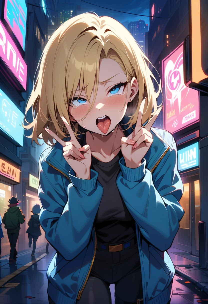 masterpiece, best quality, very aesthetic, absurdres,1girl, ,Android 18(Dragon Ball), short hair,blonde hair, blue eyes, blue jacket,ahegao, tongue_out, rolling_eyes, saliva,double V gesture,tears in eyes,,Cyberpunk City, Street, Night, neon light, neon sign,,floating_hair