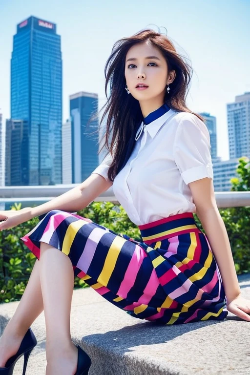 Japanese fashion model、Full Body Portrait、Colorful shirt with collar、(Geometric pattern long skirt)、silk pantyhose、High heels、Sitting pose、Large Breasts、1 girl, Modern architecture in the background、Perfect Anatomy, Perfect body, Perfect hands, Perfect Legs、Perfect Face, Perfect Eyes, Accurate, Anatomically correct, Perfectly clear and sharp focus, Highest quality、Ultra-high resolution, masterpiece, Ultra-realistic、Professional Lighting