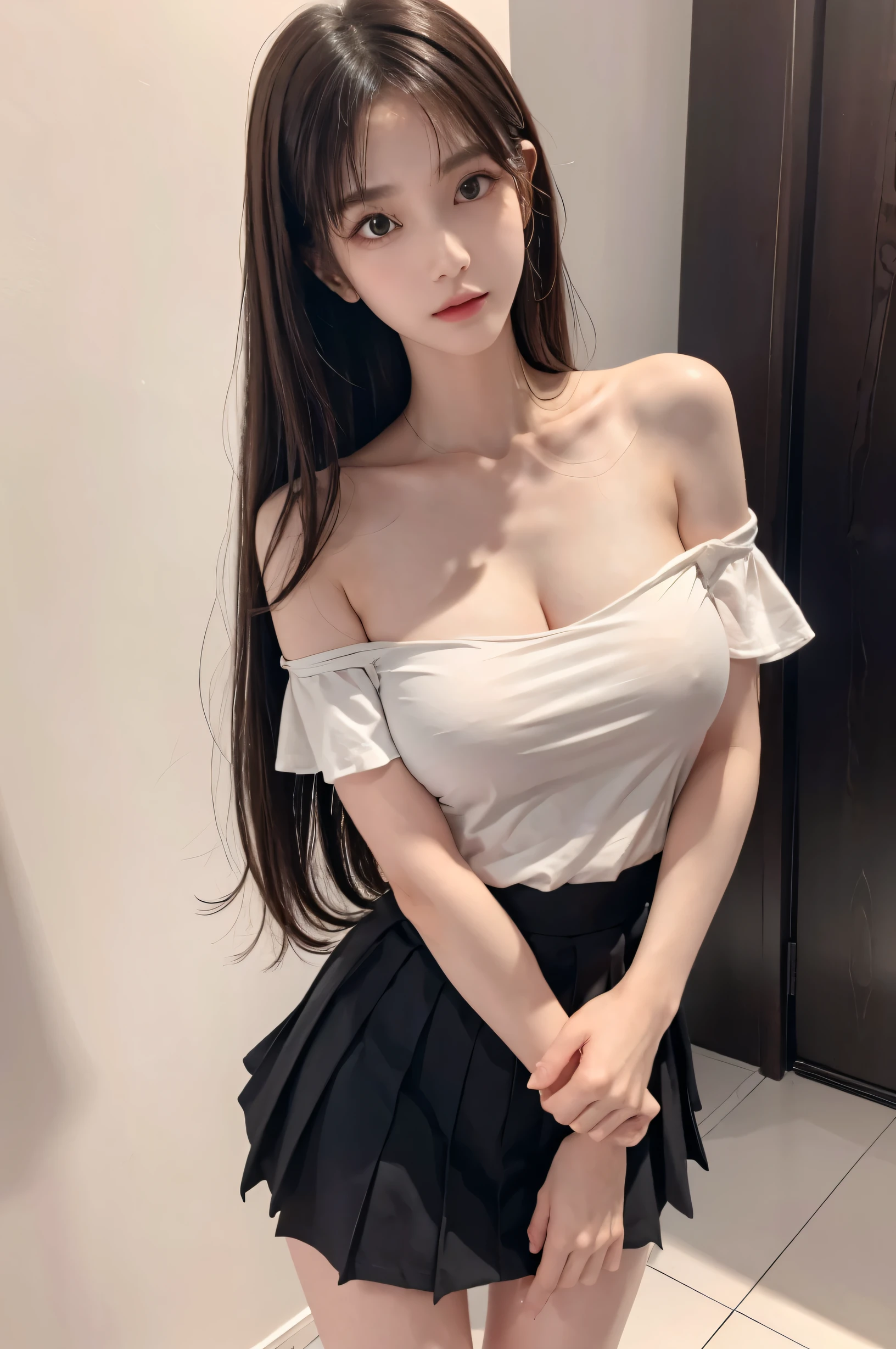 (ultra HD), (White sleeveless off-the-shoulder shirt, Black pleated mini skirt), (Big Breasts:1.5), (Slender:1.8), whole body, Standing posture, (Clean and shiny skin, Whitening, No makeup), (超Slenderな顔立ち, Super beautiful face, Delicate face), (long hair, Layered Cut, Fluffy hair,light brown), (Patchy double eyelids, Slanted Eyes), Small Nose, Thin lips, Thin legs, Neon Town