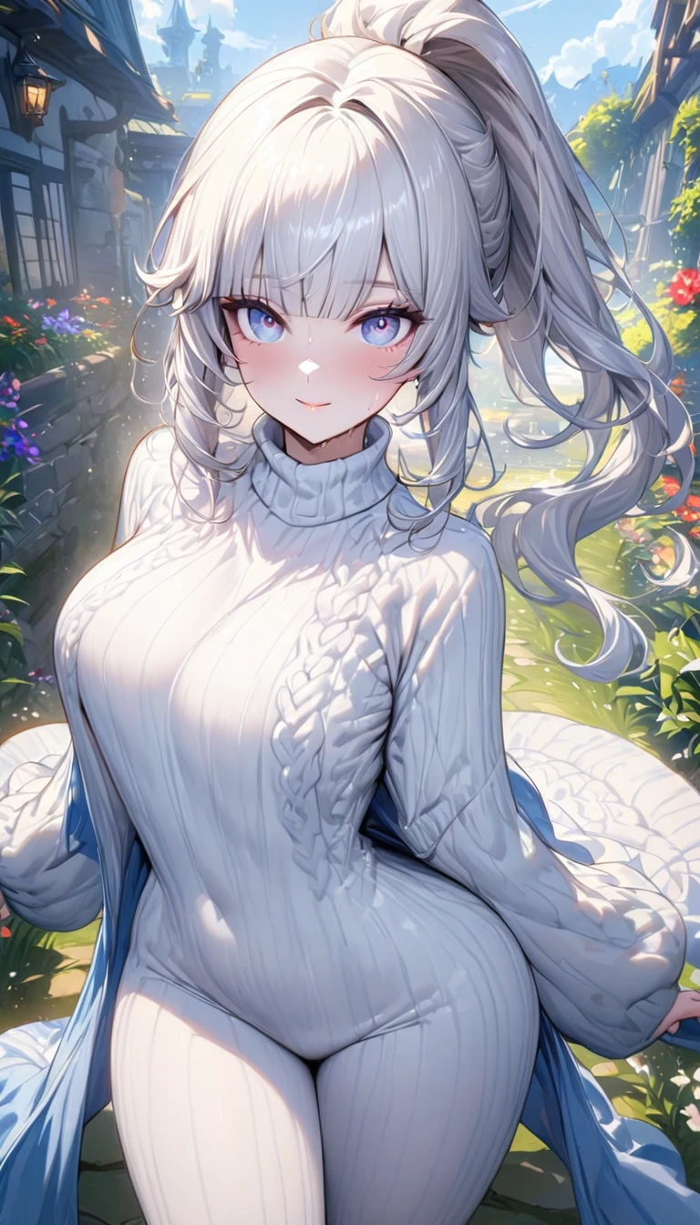ayaka genshin impact, (masterpiece:1.2), (highest quality:1.2),, Curvy but slender body, perfect eyes, perfect face, perfect lighting, 1 girl, in the garden, （The whole body is visible），（walking），（knitted sweater），（cute gesture），（smile），（ponytail），curly hair, Fine clothes, Detailed outdoor background, compensate, eye shadow, thick eyelashes, fantasy, looking at the viewer, whole body, blue sky、Bright and very beautiful face、young shiny glossy white shiny skin、the best beauty、The most beautiful bright blonde hair in the world、silver hair、long ponytail hair、Shining beautiful bangs、Glowing crystal clear big blue eyes、Very beautiful lovely 17 year old most beautiful girl in the world,  no bra, close up until hips, no bra, moderate breast, sweaty 