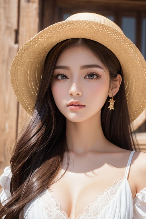 masterpiece、Highest quality、8k、Attractive beautiful large almond-shaped eyes、Big black eyes、Long eyelashes、美しい桜colorの唇、A high, well-defined nose、color々Hairstyle、美しく輝くcolor々な髪color、((Realistic:1.3))、Cinematic lighting、Challenging eyes、Bold composition、Detailed face on the market、Detailed、Golden Ratio Face、Ultra-high resolution、Beautifully detailed and realistic white skin、Cute cowboy beautiful girl、Western Hat、revolver、western drama