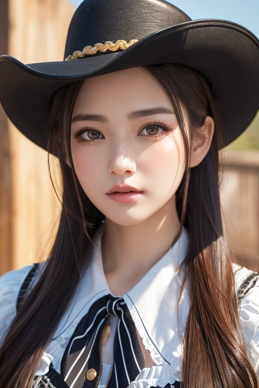 masterpiece、Highest quality、8k、Attractive beautiful large almond-shaped eyes、Big black eyes、Long eyelashes、美しい桜colorの唇、A high, well-defined nose、color々Hairstyle、美しく輝くcolor々な髪color、((Realistic:1.3))、Cinematic lighting、Challenging eyes、Bold composition、Detailed face on the market、Detailed、Golden Ratio Face、Ultra-high resolution、Beautifully detailed and realistic white skin、Cute cowboy beautiful girl、Western Hat、revolver、western drama