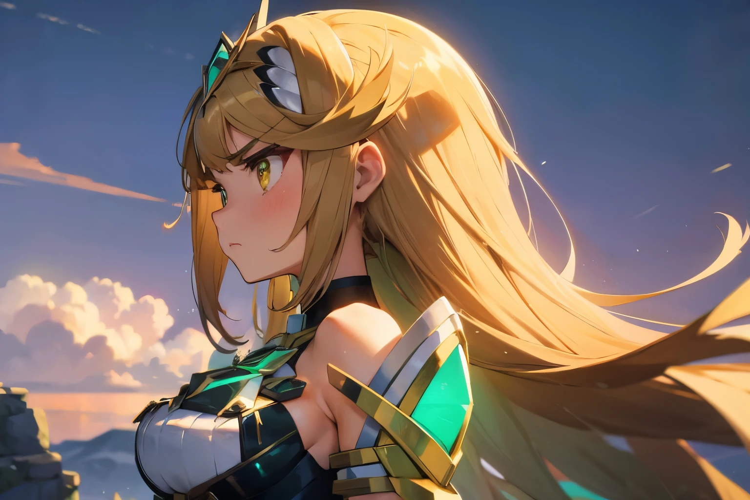 mythra,1girl,upper body,from side,large breasts,scowl,furrowed brow