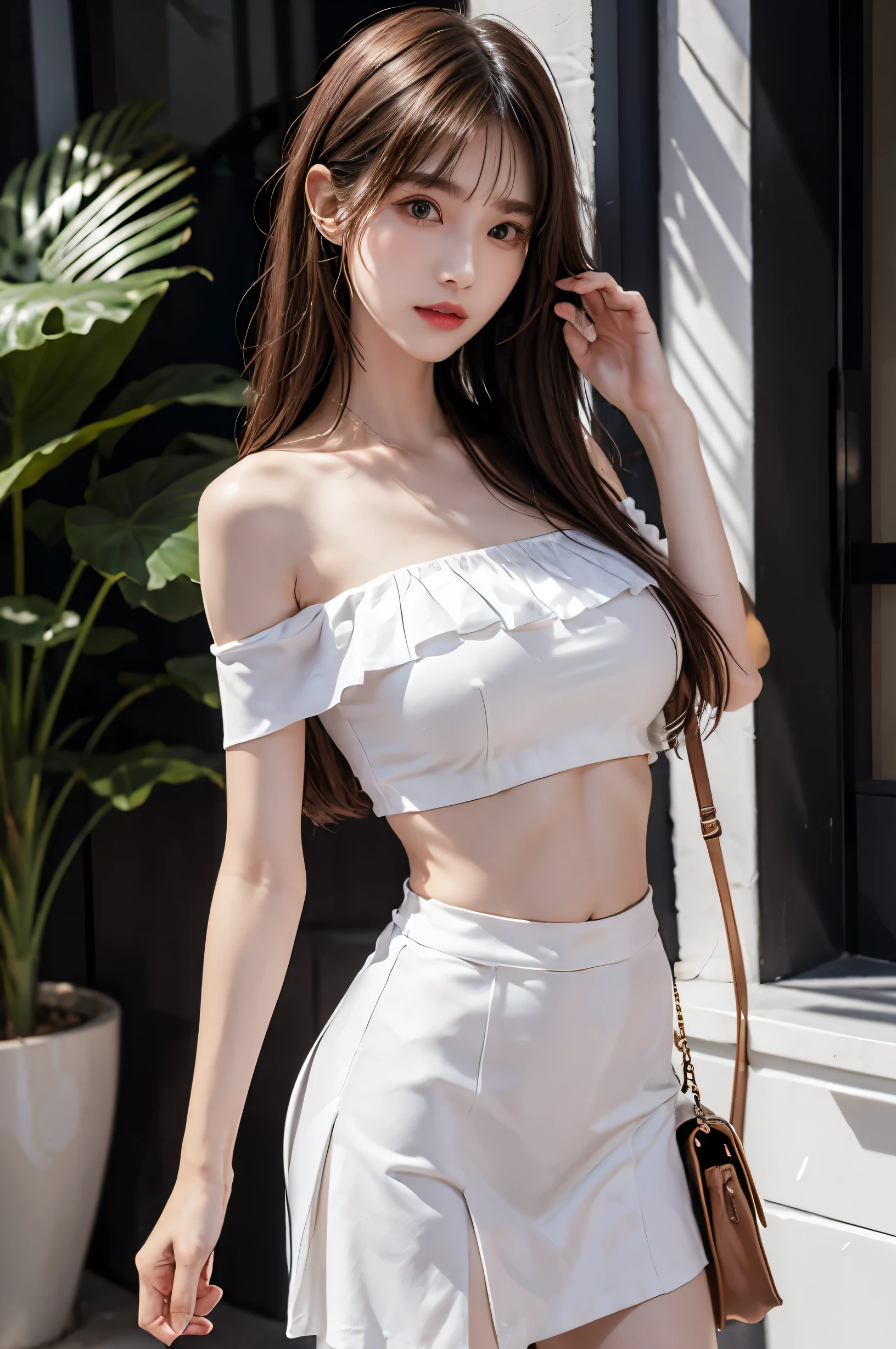 (ultra HD), (White sleeveless off-the-shoulder shirt, Black pleated mini skirt), (Big Breasts:1.5), (Slender:1.8), whole body, Standing posture, (Clean and shiny skin, Whitening, No makeup), (超Slenderな顔立ち, Super beautiful face, Delicate face), (long hair, Layered Cut, Fluffy hair,light brown), (Patchy double eyelids, Slanted Eyes), Small Nose, Thin lips, Thin legs, Neon Town