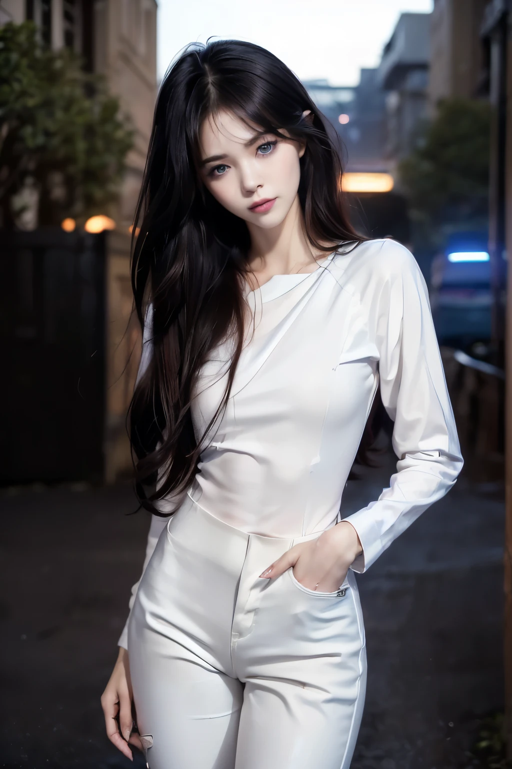 ((4K artwork))、masterpiece、(top quality)、1 beautiful girl、slim body、tall、((Black Y-shirt and white pants、attractive street style))、(detailed beautiful eyeidnight night、((Taken at a pitch-dark intersection))、Take a walk through a stylish intersection、((A face similar to Carly Rae Jepsen))、((Long boyish red hair))、((small face))、((neutral face))、((bright blue eyes))、((american adult women))、((Adult female 26 years old))、((nice lady))、((like a celebrity))、((smiling face))、((korean makeup))、((long, sharp eyes))、((happy date))、((boyish))、((upper body shot))、((She is walking next to the viewer))、professional photos、((pitch black lighting))、((black lights))