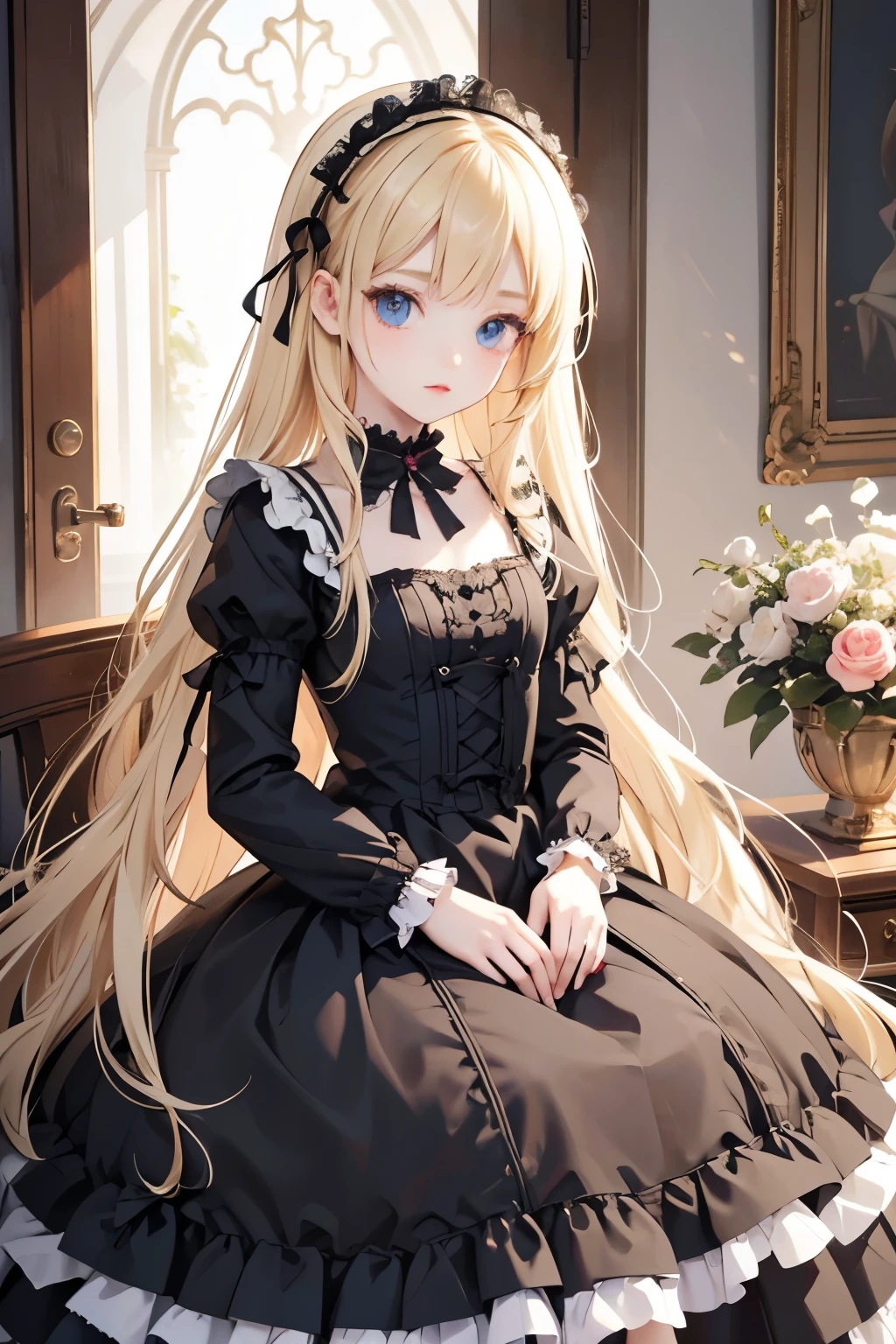 masterpiece,Highest quality,Very detailed,beautiful girl,Gothic Lolita Dress, teenager, (full body),Blonde,Perfect Face,Beautiful and detailed eyes,Beautiful Skin,skinny,Dynamic,palace,