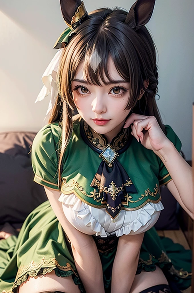 NSFW,((One man and one woman,Is giving a titjob)), Paizuri squeeze,paizuri,breasts blowjob,breast in 1penis,aasato, long hair, half updo, braid, hair between eyes, animal ears, ear ornament, horse tail, breasts, frills, black ascot, green dress,black thighhighs,Top image quality,Masterpiece,Best Quality