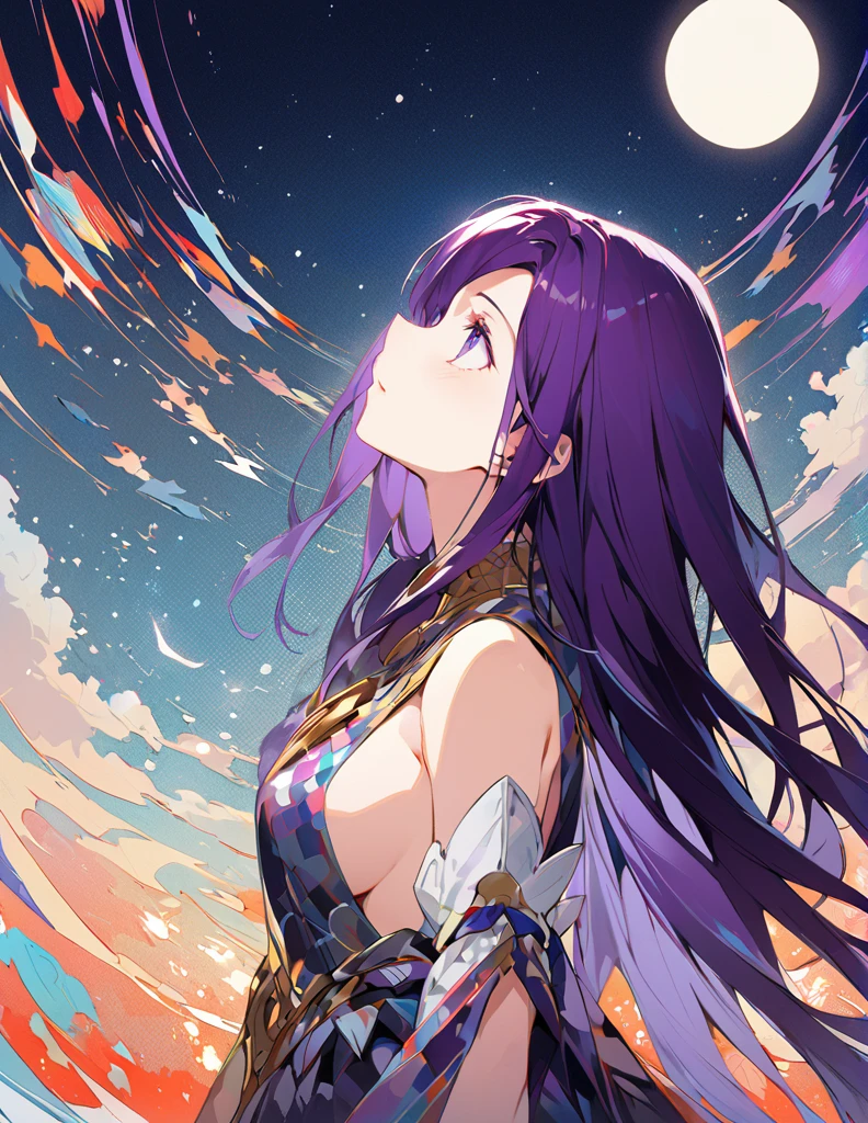 Profile of a brave purple-haired long-haired princess, side boob exposed　Screentone processing　Looking up at the moon　Shaded painting style　Abstract Painting　Nostalgia
