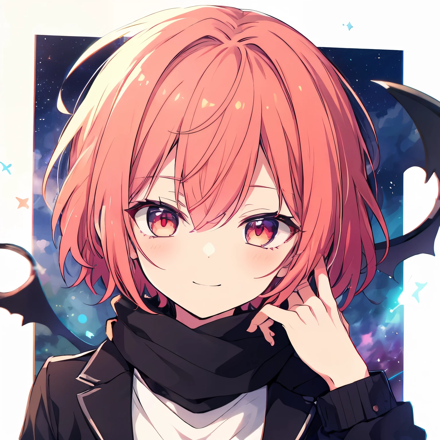 (Highest quality), (masterpiece), 1080P, High resolution, 4K, 8k, boy, Red hair, Red Eye, short hair, devil, devil, black Parker, Upper Body, Lock, Night Sky, Starry Sky, shooting star, hand gun, smile, scarf, mini, chibi,
