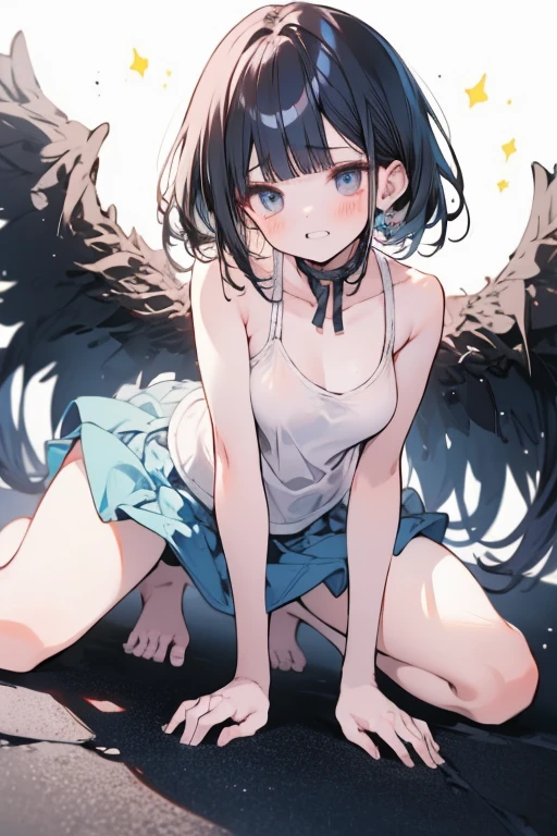 ((Highest quality)), ((masterpiece)), (detailed), Natural light,Perfect Anatomy,One Woman,A cute young woman aged 16,Very sexy,Baby Face,Big TitsVery Big 1.5,
Small face,Beautiful Face,Big eyes,Beautiful Eyes,Beautiful double eyelids,Beautiful teeth alignment,Beautiful body lines,Slender body,Beautiful Hands,Beautiful feet,Long hands,Long legs,Long and supple hair,Shiny Hair,Black Hair,Full Body Shot,Embarrassed expression,blush,Crying face,From below,Beautiful shoulders,Beautiful clavicle、On all fours(Sweat),((Steam 1.4)),Embarrassed expression,blush,humiliation,((A loose white tank top.5)),Shoulder out,Beautiful shoulders,Beautiful clavicle,(((Valley 1.7))),Blue mini skirt,