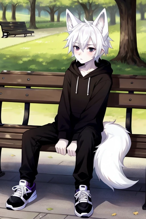 very thin, 1 boy, with white hair, with white fox ears, eyes completely, purple, in a black hoodie a little bigger than me, black trousers, white fox tail, black sneakers, sitting on benches, in the park, sad.

