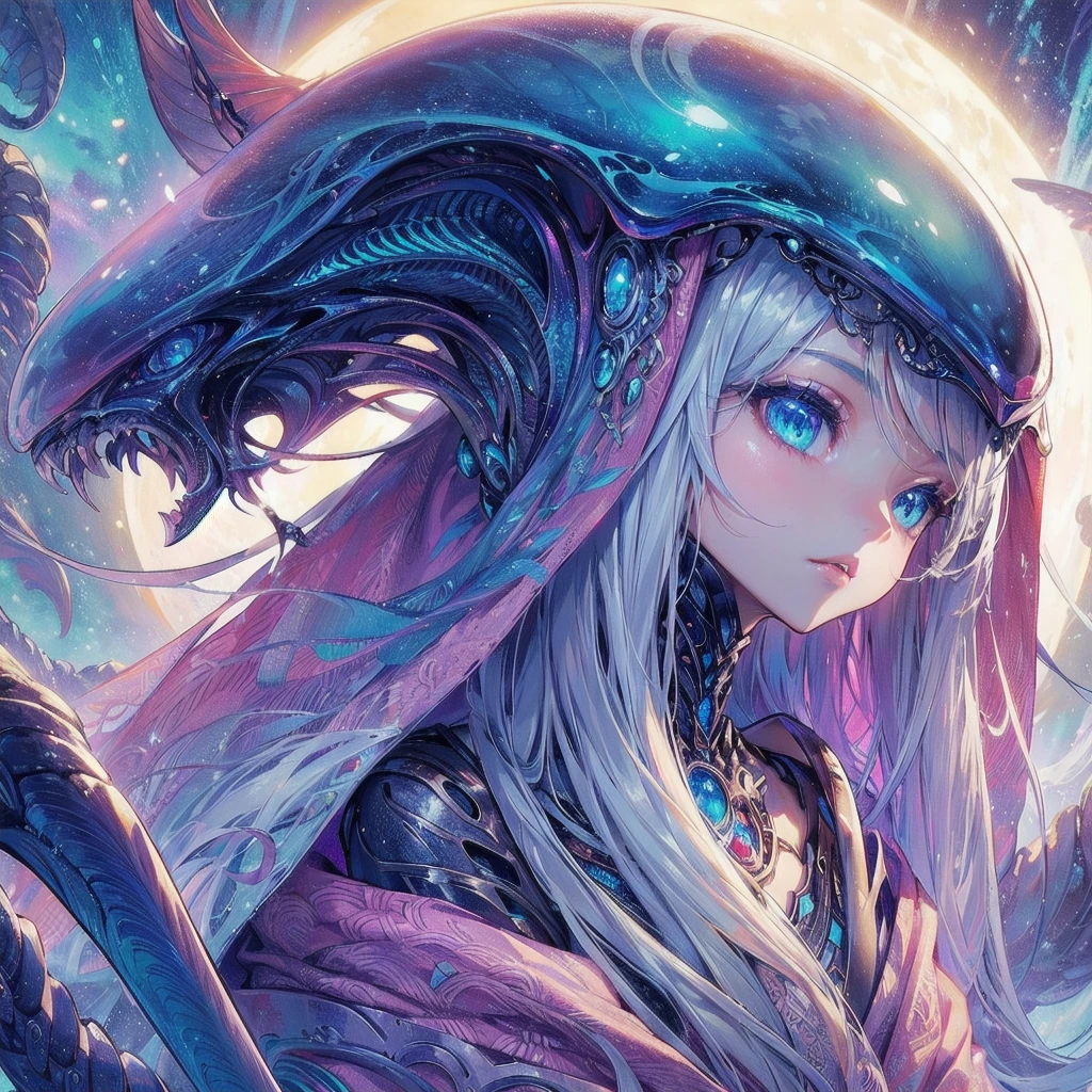 masterpiece, (textured skin), best quality, gorgeous beautiful, (a beautiful girl,alien,mysterious),detailed clothes,large breasts,narrow waist,, (beautiful face), cinematic lighting, (fantasy anime art ),