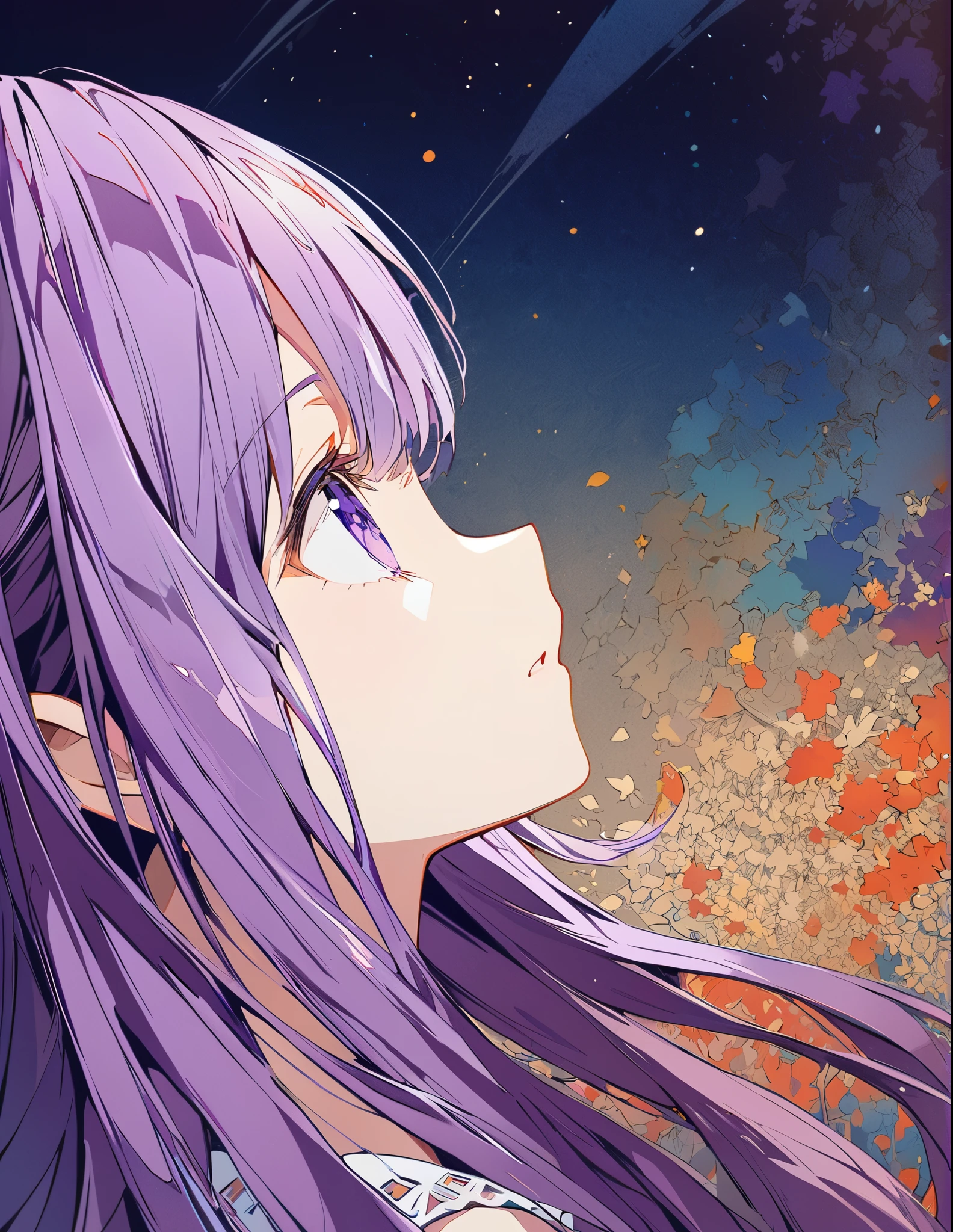 Profile of a brave purple-haired princess girl with long hair, exposed　Screentone processing　Looking up at the moon　Shaded painting style　Abstract Painting　lilac
