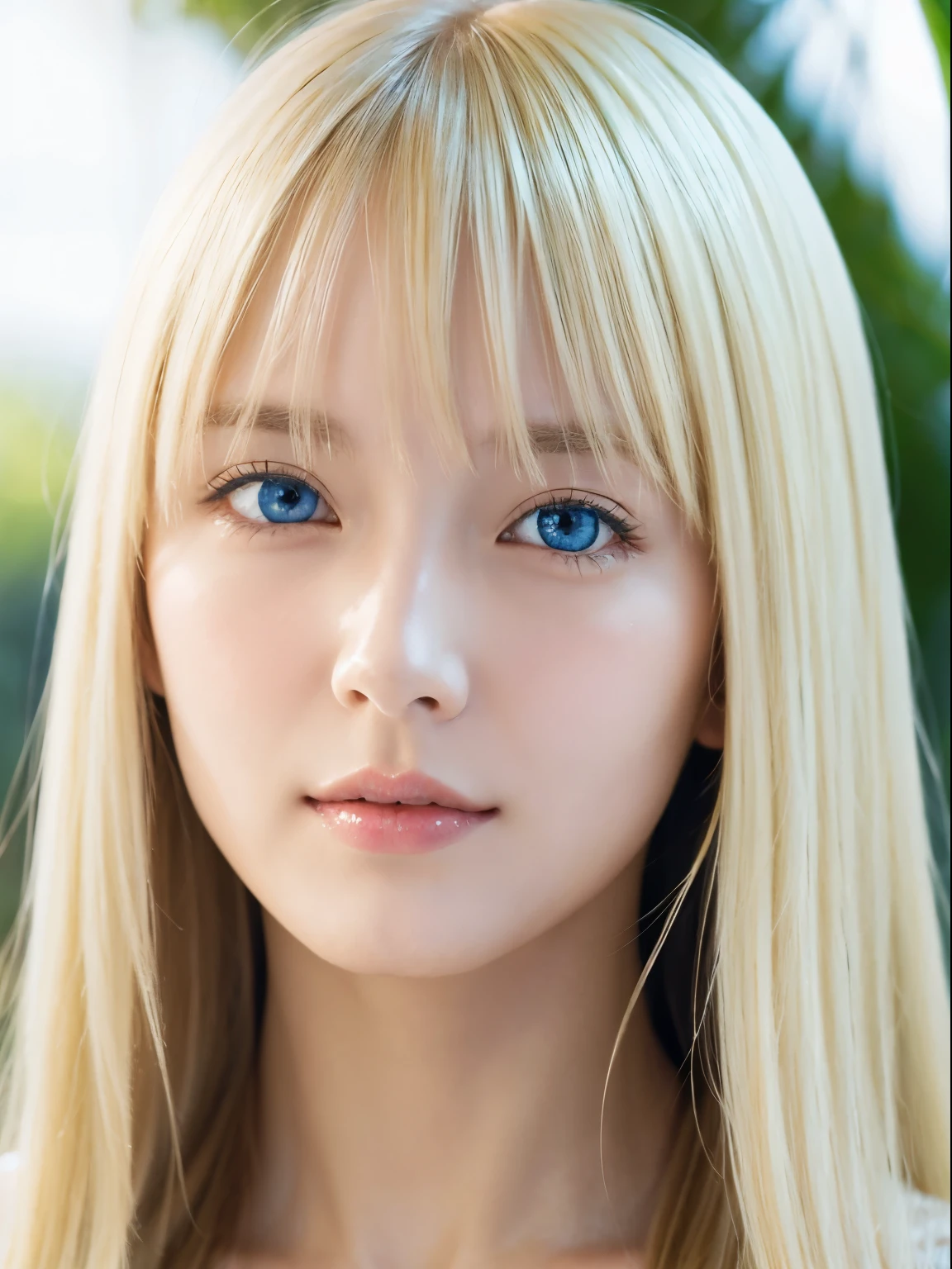 Transparent white glossy skin、Face gloss、Blonde with strong wind in front of pretty face、20 years old ridiculously cute sexy beautiful norwegian girl、Small Face Beauty、Shiny pale light blue eyes and details (Looking into the camera), SLR lighting, Single-lens reflex camera, super high quality, Sharpness, Depth of written boundary, Film Grain (center), Fujifilm XT3, Crystal Clear, Frame center, 完璧にBeautiful Face、Beautiful Face、Beautiful hair with sparkling bright straight blonde hair、Silk bangs between the eyes、Bangs hide the eyes, Sparkling pale blue eyes, Sexy super long blonde cute young woman with super long blonde shiny light hair