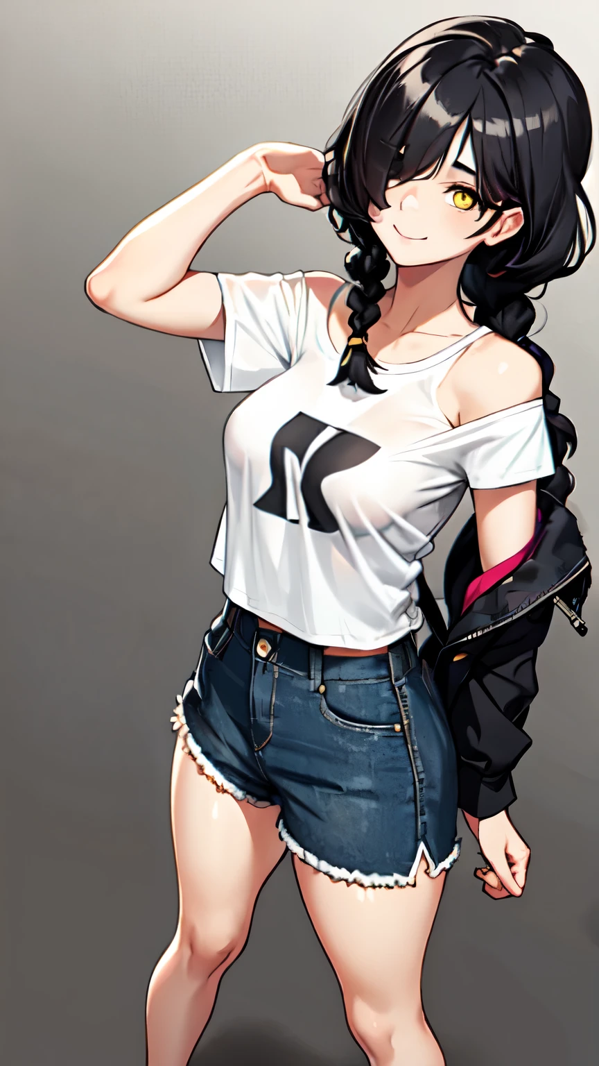 1girl, solo, ultra long hair, looking at viewer, black hair, bandaid on face, yellow eyes, smile, bandaid on nose, braid, bandaid, ultra detailed face, masterpiece, bangs, breasts, bare shoulders, scar, shirt, bare shoulders, white shirt, short sleeves, closed mouth, t-shirt, hair over one eye, portrait, bag, hair over shoulder, shorts, fullbody shot, cute, messy hair