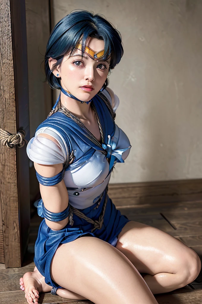 OP quality, masterpiece, (Original photo, Professional photography, photoRealistic, Realistic:1.3), Highly Detailed CG 16K Unity Wallpaper, (Best aesthetics, Natural light:1.1), Ultra-high resolution, (Correct Anatomy:1.5), ((highly Detailed skin texture:1.1)), ((from the front:1.3)), throw, One Mature Woman, Japanese women, alone, View your audience, Cowboy Shot, (Sailor Warriors:1.4), 50 years old, Blue Hair, short hair, Detailed skin, Dark Eyes, ((Hollow Eyes、Open your mouth:1.4)), Detailed nose, Beautiful Lips,, ((Sailor Mercury Costume:1.5)), ((skirt:1.3)), ((Center of chest:1.5)), (((Place your arms behind your back, inhibition, shibari, Rope Bondage:1.5))), (((Sitting on the floor:1.4))), (((indoor, Midnight, Dark Room, Empty operating room:1.2)))