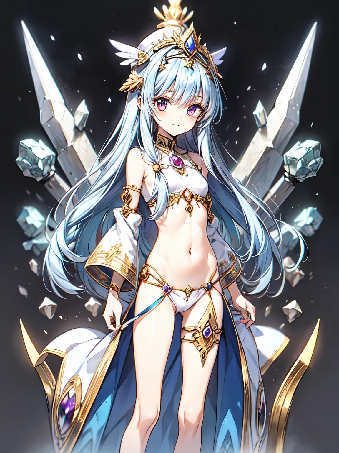 (crystal artifact), (metallic accessory), (ethnic priestess)embroidery, (stone gears), (sharp thong), narrow constricted waist, small hips, (dark color)eyes(highlights), slender legs, fantasy, mythical