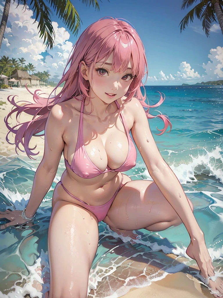 1 female、(Pink Hair)、 Gravure idol filming at the beach、(White swimsuit)、Sensual look、Sexy pose、((At the beach、tropical))、My whole body is wet、Nipples are visible、Composition looking up from below、Dynamic Angle、nsfw