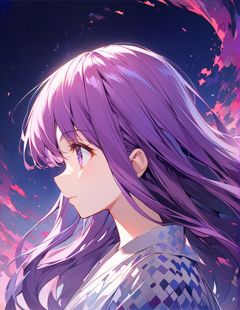 Profile of a brave purple-haired princess girl with long hair, exposed Screentone processing Looking up at the moon Shaded painting style Abstract Painting lilac vivid description