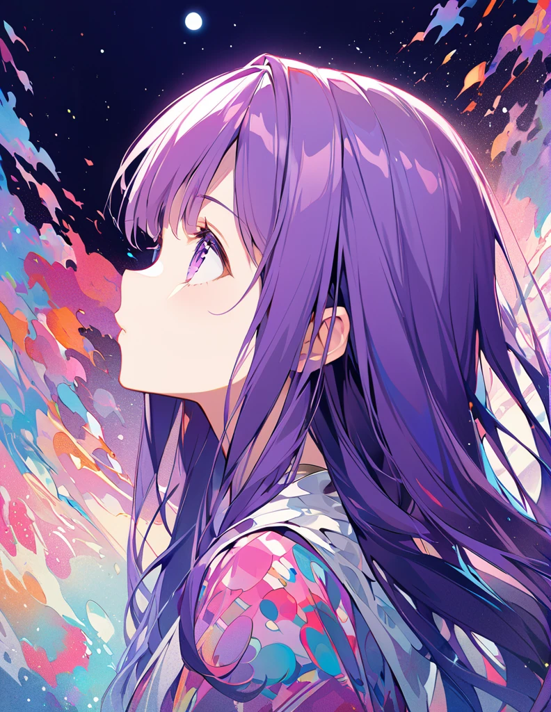 Profile of a brave purple-haired princess girl with long hair, exposed Screentone processing Looking up at the moon Shaded painting style Abstract Painting lilac vivid description