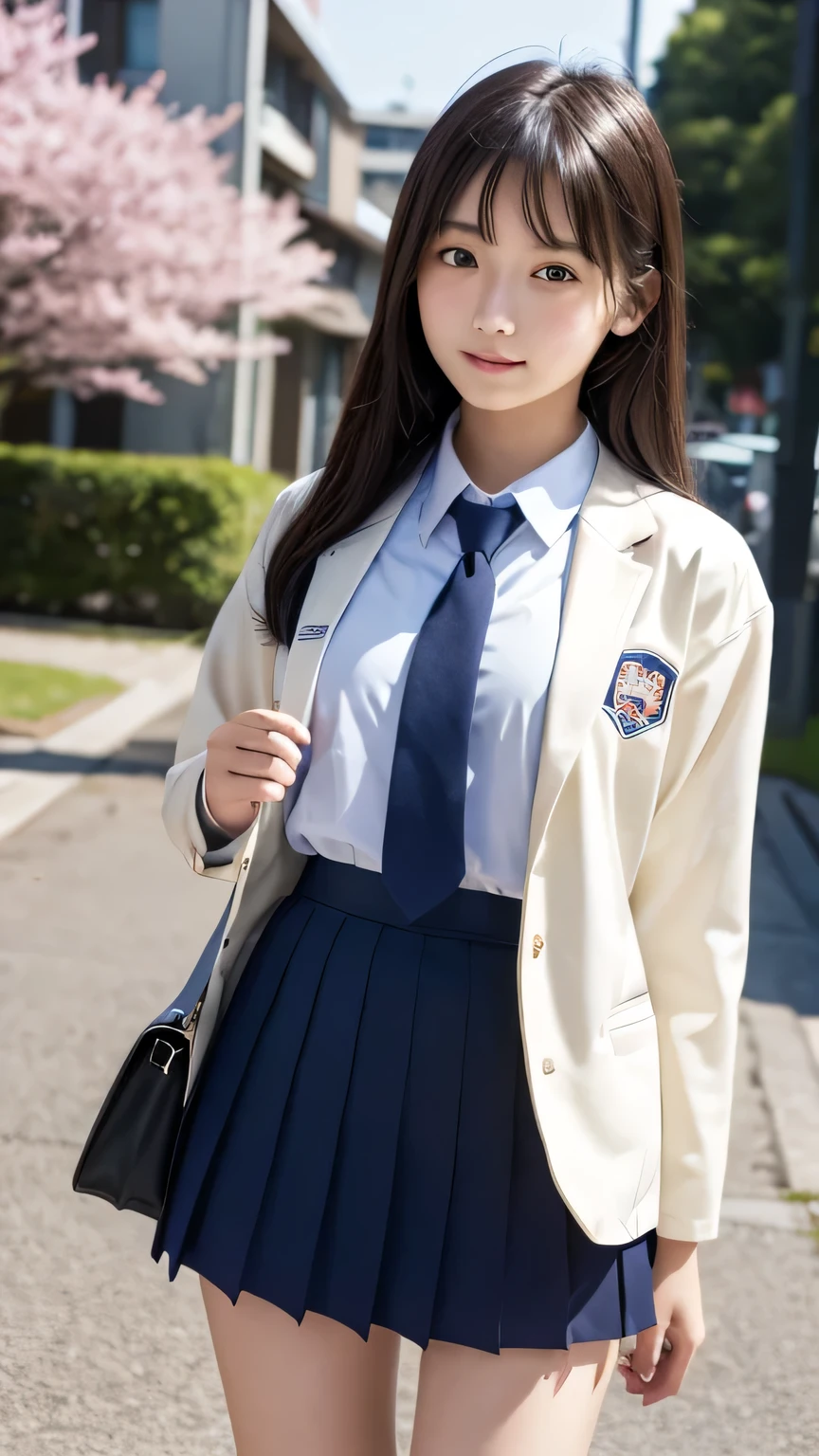 (masterpiece:1.2), Japanese, (18 years old), (((a girl))), (school blazer uniform), collared shirt, outdoor, plump, sunshine,