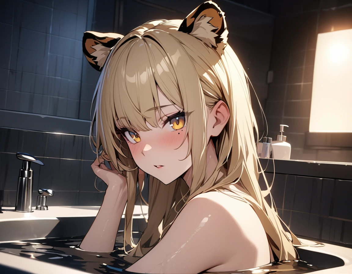 1girl、(((best quality)), ((masterpiece)), (details), masterpiece, best quality, high quality, ulutra detailed, perfect face, ((1girl, blond eyes, tiger ears: 1.3 blond long hair: 2.5,Mole under left eye：2.0))、Shiny Hair、Glowing Skin、Lustful look、Put your hair up、Get into the bathtub、bathing、Bathroom、night、豪華なBathroom、Side Angle