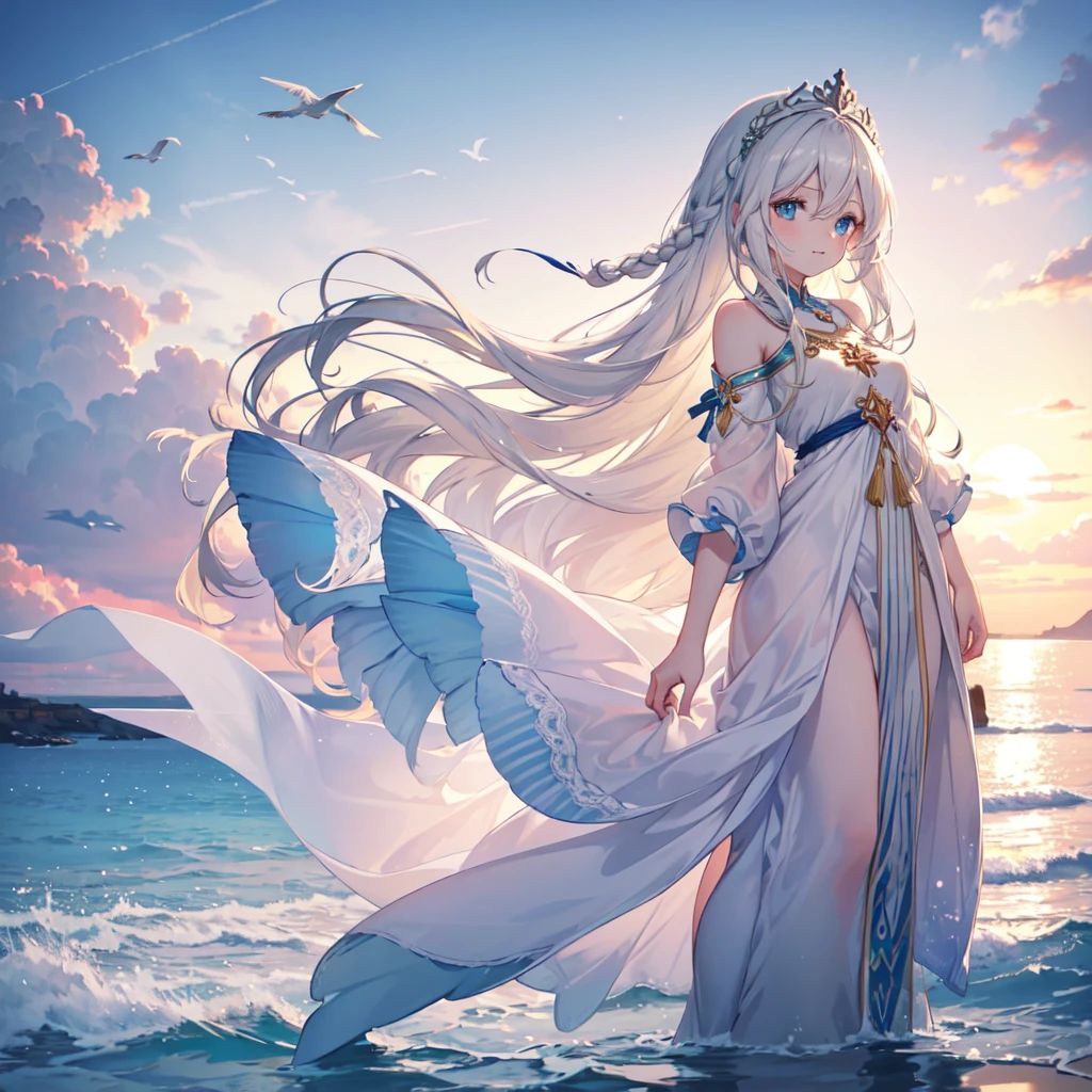 A girl emerged from the sea, The Swan Princess of Russian Mythology, Beautiful calm face, blue eyes, Long blonde hair braided, The moon is woven into the hair at the back of the head., Old Russian shiny white clothes, On her head is a kokoshnik crown, Affectionate look, Half-laugh, There was a gentle look on his face, Background seascape and sunlight, Seagulls in the sky, full length, Photorealism