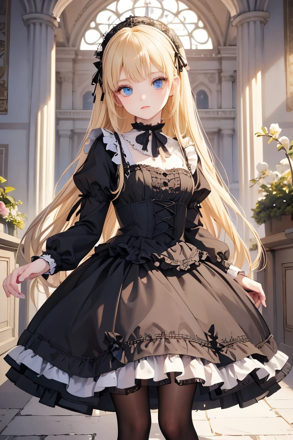 masterpiece,Highest quality,Very detailed,beautiful girl,Gothic ta Dress, teen, (full body),Blonde,Perfect Face,Beautiful and detailed eyes,Beautiful Skin,skinny,Dynamic,palace,