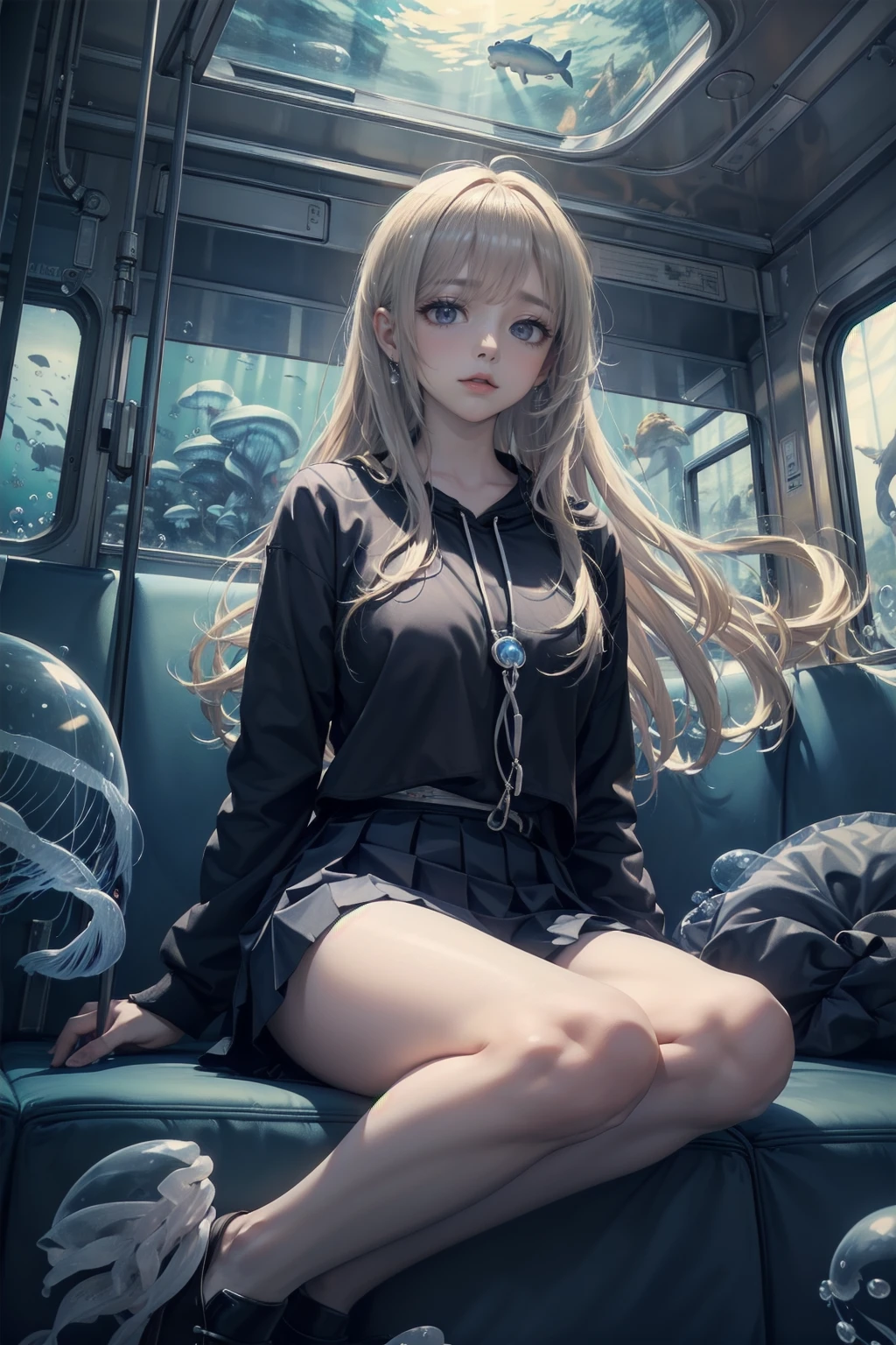 (masterpiece:1.3),(Highest quality:1.2),8k,Confused,unity 8k wallpaper,(Very detailed:1.3),the best,High resolution,wonderful,shape,Beautiful studio soft light,Stunningly beautiful,incredibly Confused,Sharp details,Cinema Lighting,Moody lighting,Pixiv,Award-winning, Professional, Very detailed,Face in perfect detail,、
transportation facilities_Against_window, 1 girl, alone, Colorful long blonde hair, skirt, Long sleeve, Sitting, , Gray Hair, pleated skirt, shoes, Seraphim, fish, bubble, Blue Theme, (Underwater:1.2), (air bubble:1.3), Inside the train, (Surreal:1.2), (jellyfish:1.2), (whale:1.1),(fish:1.2),Blurred foreground,