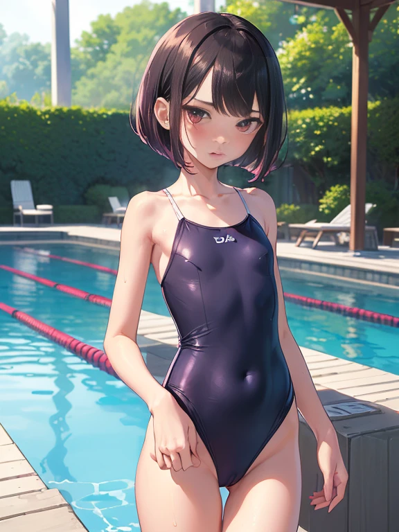 (masterpiece、Highest quality:1.5)、(:1.5)、(Shot from the calf up:1.7)、((Bobcut、Black Hair))、85mm、16K、Official Art、RAW Photos、Best Beautiful Faces、Close-up、Violet、Gardenia、((The best beautiful girl、very cute))、Red blush on cheeks、((Indoor poolside))、(Are standing:1.8)、Film Grain、Chromatic Aberration、Sharp Focus、(((Nice hands、Perfect hands、Perfect Fingers、Thin and delicate fingers、A perfect body without flaws)))、Detailed face、(Slender body:1.5)、(Slim upper body:1.1)、(Small and flat bust:1.7)、(Narrow thighs:1.3)、(Let your bangs hang down:1.8)、(Blushing:1.8)、(Low contrast lighting:1.4)、(Pink one piece swimsuit:1.5)
