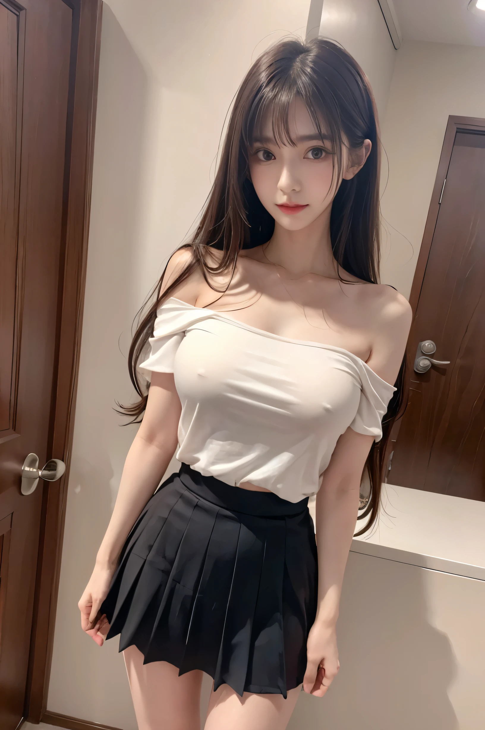 (ultra HD), (White sleeveless off-the-shoulder shirt, Black pleated mini skirt), (Big Breasts:1.5), (Slender:1.8), whole body, Standing posture, (Clean and shiny skin, Whitening, No makeup), (超Slenderな顔立ち, Super beautiful face, Delicate face), (long hair, Layered Cut, Fluffy hair,light brown), (Patchy double eyelids, Slanted Eyes), Small Nose, Thin lips, Thin legs, campus life