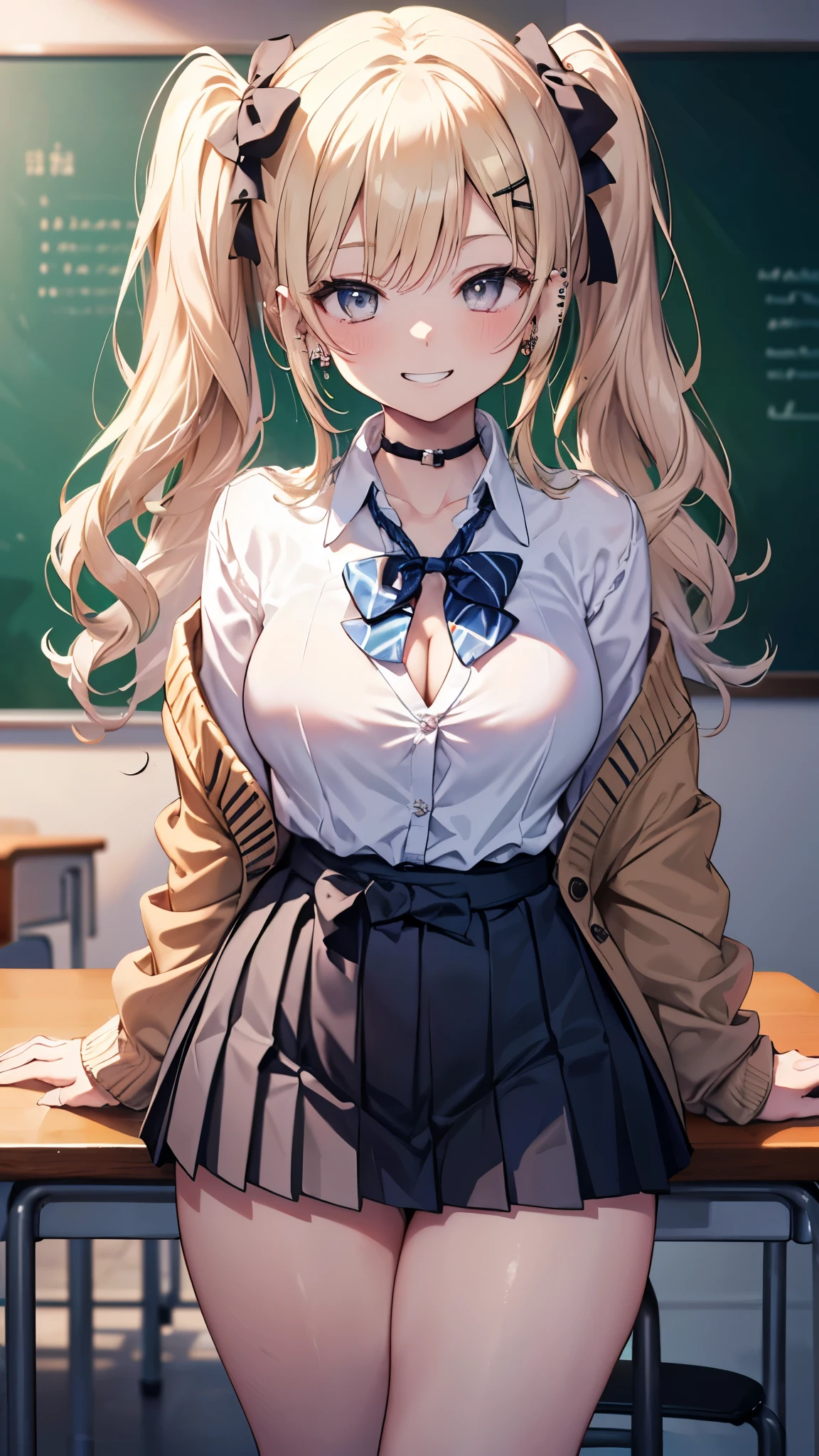 (masterpiece、Highest quality、Very detailed))、One girl、gyaru、Blonde、under twintails、Grey Eyes、evil smile、((Grin))、((lots of piercing))、Large Breasts、((White collared shirt))、((A bow tie))、((cardigan))、((Black pleated skirt))、((micro miniskirt))、((Thick waist))、Cowboy Shot、Classroom Background