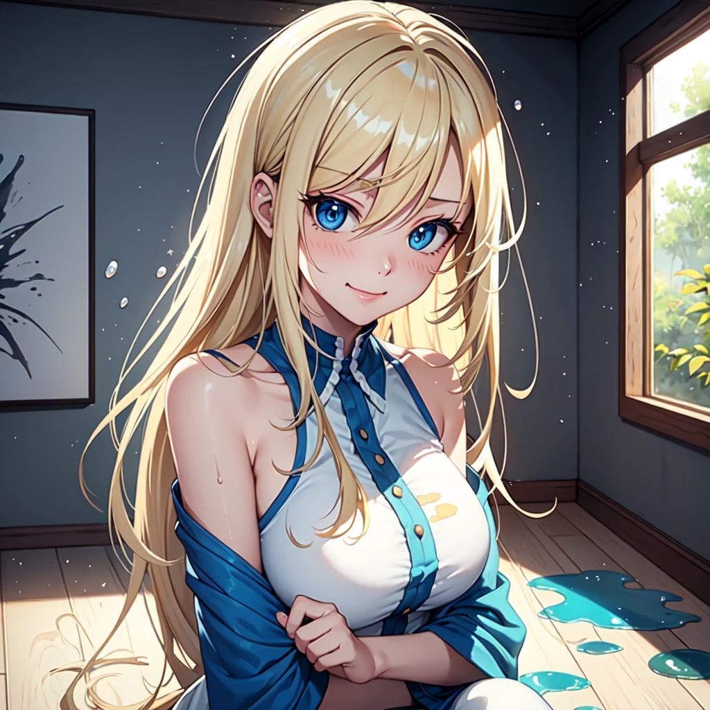 1 girl, 独奏, gazing at viewer, high resolution, blue colored eyes, sorlaughter, hair blonde, very long hair, slickedback hair, Hair over the shoulder, hair wet, blushful, laughter, make-up, leve sorlaughter, mischievous face, point of view, anime styling, (painting-like (a spattering painting-like) on a screen), sitting down, (jumpsuit splashed with various colors of paint) fashionable, corar sorlaughter gentil, (masterpiece best quality:1.2) ultra-detailed delicate illustration, medium breasts break (spattering painting-like) (ink spatter:1.1), (primary colours), (painting-like brush), (ink palette) break (artist studio indoors), (various works on the wall and floor)