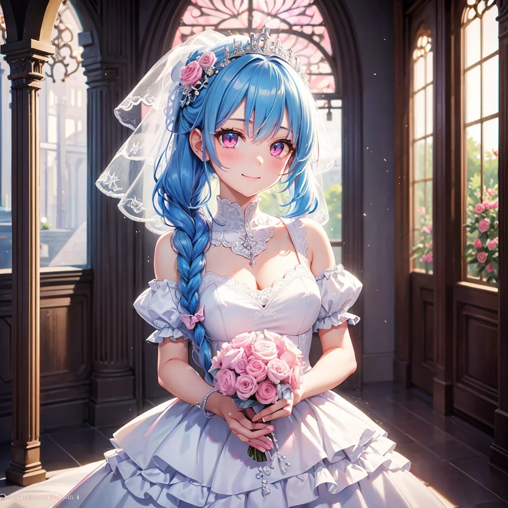 Sky Blue Medium Hair, (Braided Hair),(Pink Eyes),Fair skin ,(whole body),(1 girl),bride,smile、Straight bangs, 6月のbride,Wedding dress,(masterpiece, Highest quality, Very detailed, Best Shadow), (Detailed Background), (Beautifully detailed face), High Contrast, (Best lighting, Very delicate and beautiful), ((Cinematic Light)), colorful, Hyper Detail, Dramatic Light, Intricate details,Wedding hall,