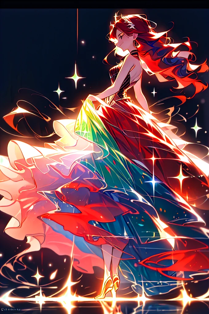 A woman with red hair and green eyes. and has light freckles *manhua* *bokunoheroacademia* First arabesque: Right arm forward, left leg back with friends *boku no hero academia* Dressed as a ballerina. There is a warm atmosphere around her hair is long and wavy with glamorous make-up