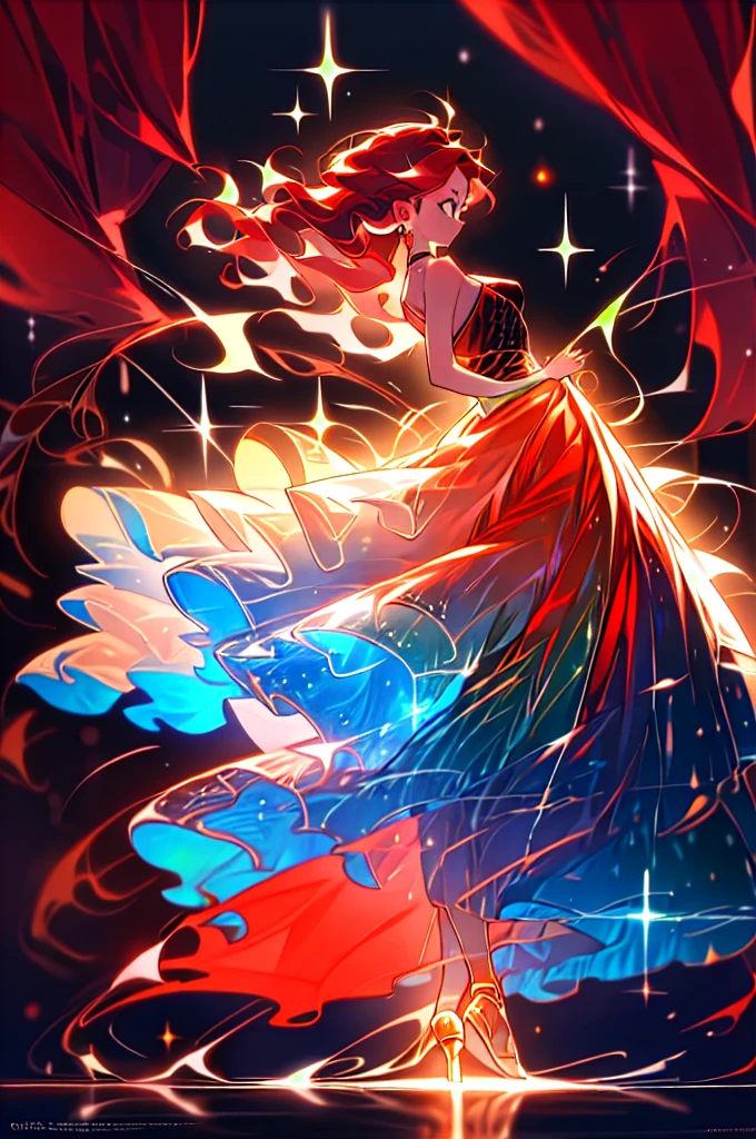 A woman with red hair and green eyes. and has light freckles *manhua* *bokunoheroacademia* First arabesque: Right arm forward, left leg back with friends *boku no hero academia* Dressed as a ballerina. There is a warm atmosphere around her hair is long and wavy with glamorous make-up