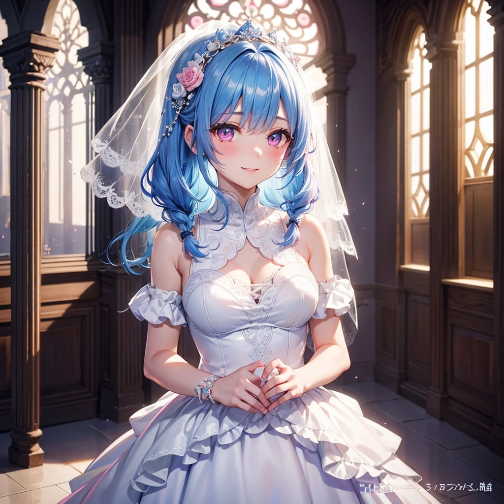 Sky Blue Medium Hair, (Braided Hair),(Pink Eyes),Fair skin ,(whole body),(1 girl),bride,smile、Straight bangs, 6月のbride,Wedding dress,(masterpiece, Highest quality, Very detailed, Best Shadow), (Detailed Background), (Beautifully detailed face), High Contrast, (Best lighting, Very delicate and beautiful), ((Cinematic Light)), colorful, Hyper Detail, Dramatic Light, Intricate details,Wedding hall,
