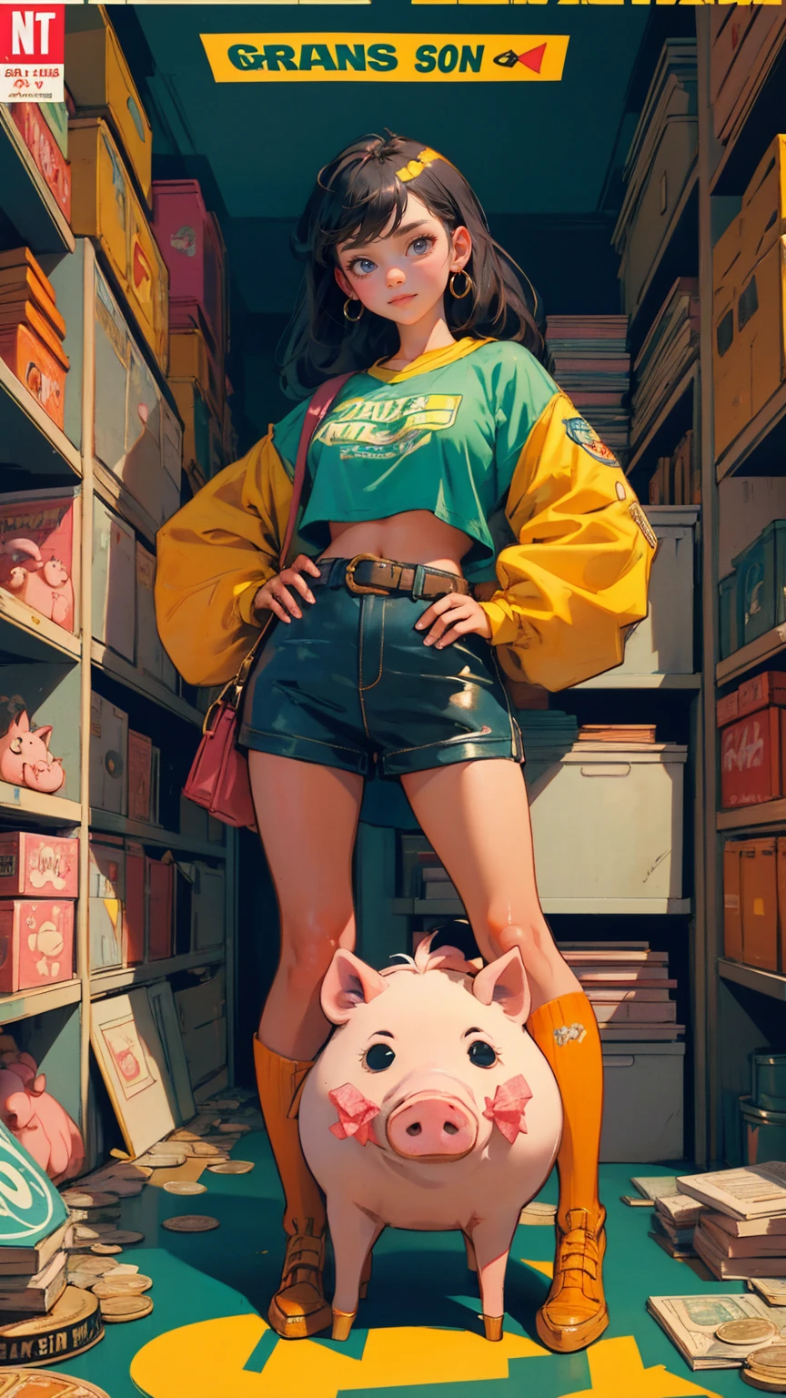 A cartoonish  girl holding up an advertising sign that says "onward to big money, buy high, sell low". she is standing on top of piles of coins and piggy banks. The background has broken stock market charts and small pink pigs laying around her . In the style of vintage comic book cover art in the style of Alex Ross. Dark reds, yellows, oranges, greens, blues, black tones. full girl in image